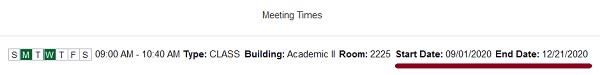 Screenshot of meeting times with full semester dates underlined