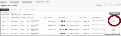 register for classes screenshot with add button circled