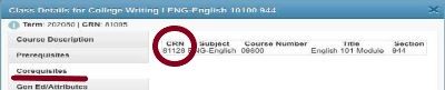 class details screenshot with corequisites underlined and CRNs circled