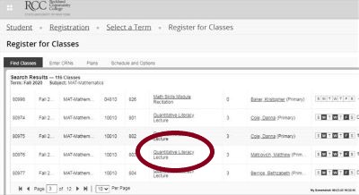 register for classes screenshot with Quantitative Literacy Lecture circled