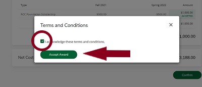 Terms and Conditions popup with acknowledge checkbox circled and arrow highlighting Accept Award button