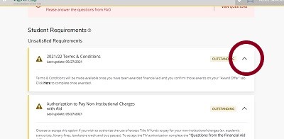 Student Requirements screen with expand/collapse caret circled