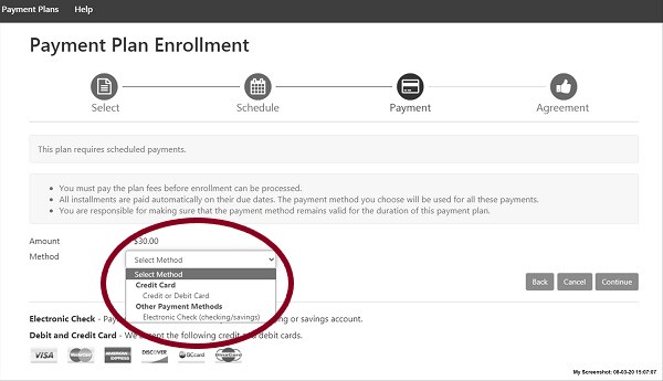 screenshot of Payment Plans Enrollment with Payment Method drop down circled