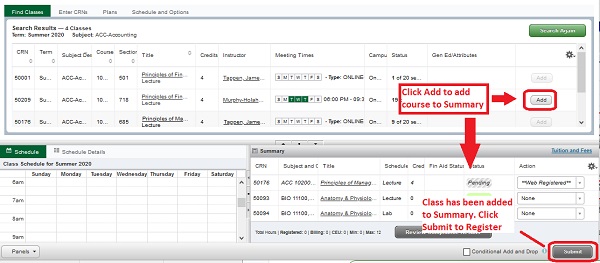 Register for classes screenshot highlighting click Add to add course to summary and click Submit to Register