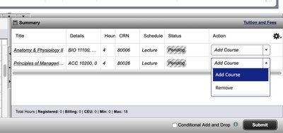 screenshot showing add/remove course dropdown