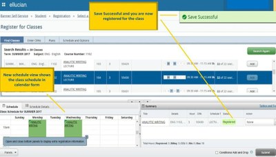 Save successful screenshot showing classes registered for and schedule