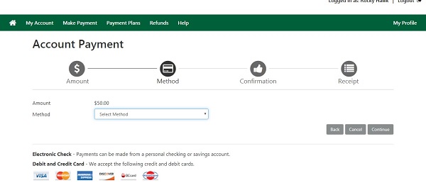 screenshot of TouchNet Account Payment page with select payment method dropdown