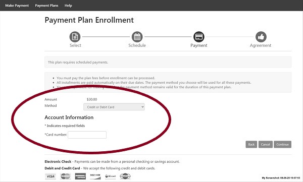screenshot of Payment Plans Enrollment with Account Information circled
