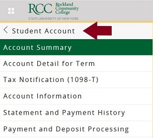screenshot of Self-Service Banner with arrow pointing to Student Account link